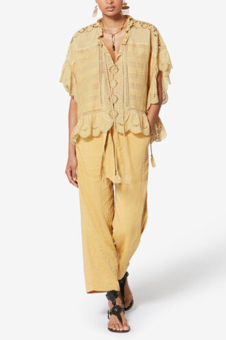 Payton Caftan-stil bomuldsbluse med blomsterblonder