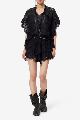 Payton Caftan-stil bomuldsbluse med blomsterblonder